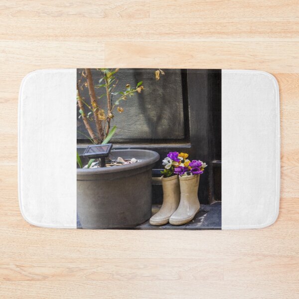 Item preview, Repurposed Rain Boots Used As Planters With Purple Flowers Beside Large Pot On Urban Doorstep designed and sold by Nmallia.
