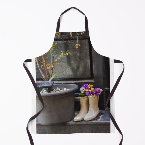 Item preview, Repurposed Rain Boots Used As Planters With Purple Flowers Beside Large Pot On Urban Doorstep designed and sold by Nmallia.