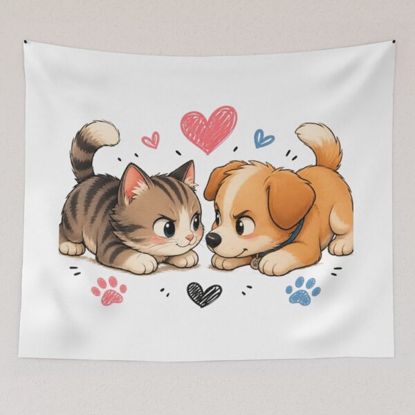 Item preview, Playful Kitten vs Puppy- Cute Cat & Dog Rivals Kawaii Art designed and sold by ToonyTeez.