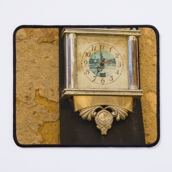 Item preview, Vintage Ornate Wall Clock Mounted on Weathered Stone Wall With Silver Details and Nostalgic Charm designed and sold by Nmallia.