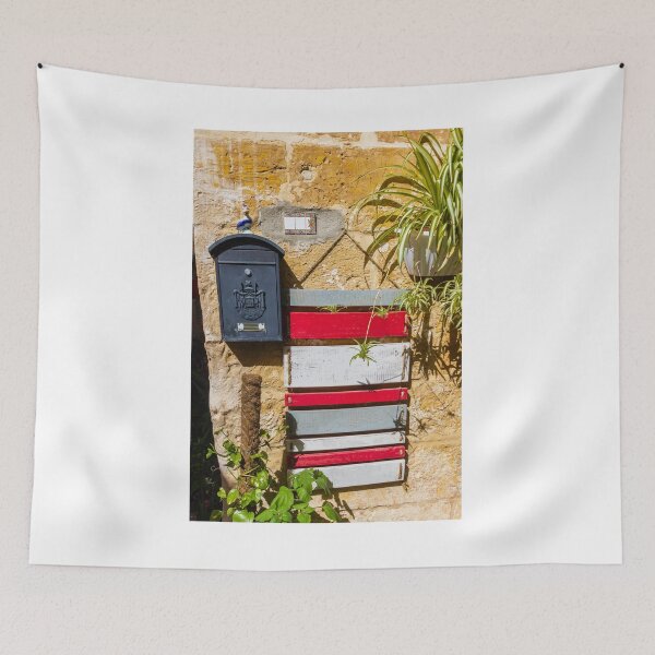 Item preview, Rustic Black Mailbox On Sunlit Stone Wall With Red And White Wooden Panels And Potted Plant designed and sold by Nmallia.