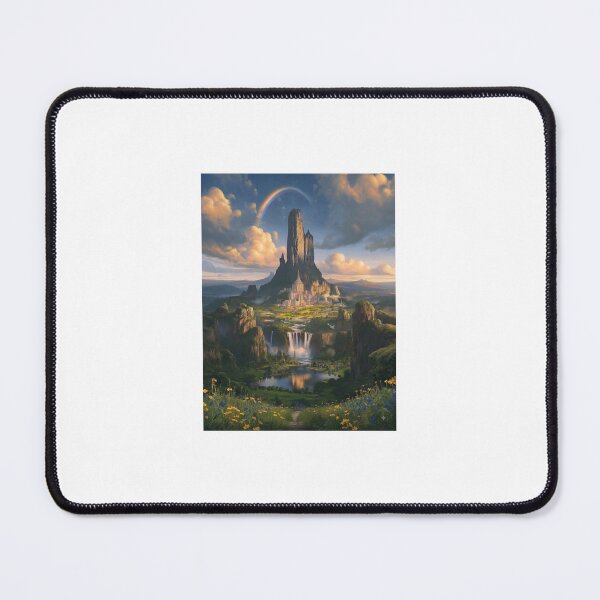 Item preview, Majestic Mountain Citadel and Waterfall Valley Fantasy Landscape Art Print designed and sold by D Digital Art.