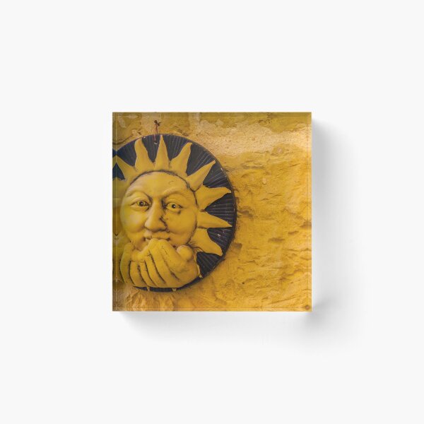 Item preview, Handcrafted Ceramic Sun Face Wall Sculpture In Warm Yellow On Textured Stone Wall designed and sold by Nmallia.