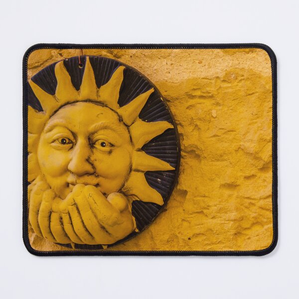 Item preview, Handcrafted Ceramic Sun Face Wall Sculpture In Warm Yellow On Textured Stone Wall designed and sold by Nmallia.