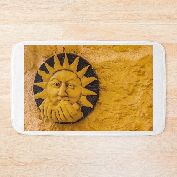 Item preview, Handcrafted Ceramic Sun Face Wall Sculpture In Warm Yellow On Textured Stone Wall designed and sold by Nmallia.