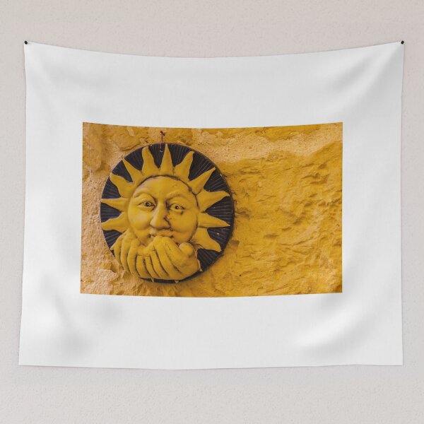Item preview, Handcrafted Ceramic Sun Face Wall Sculpture In Warm Yellow On Textured Stone Wall designed and sold by Nmallia.