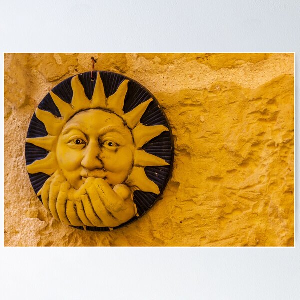 Item preview, Handcrafted Ceramic Sun Face Wall Sculpture In Warm Yellow On Textured Stone Wall designed and sold by Nmallia.