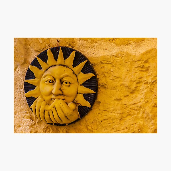 Item preview, Handcrafted Ceramic Sun Face Wall Sculpture In Warm Yellow On Textured Stone Wall designed and sold by Nmallia.