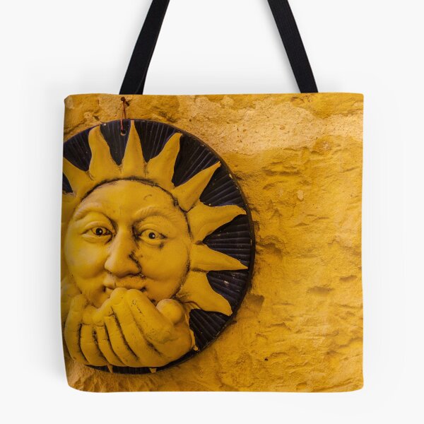 Item preview, Handcrafted Ceramic Sun Face Wall Sculpture In Warm Yellow On Textured Stone Wall designed and sold by Nmallia.