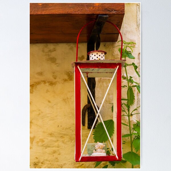 Item preview, Red Vintage Lantern Wall Decoration With Small Bear Figurine On Rustic Plaster Wall designed and sold by Nmallia.