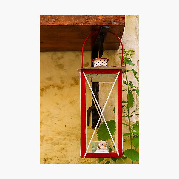Item preview, Red Vintage Lantern Wall Decoration With Small Bear Figurine On Rustic Plaster Wall designed and sold by Nmallia.