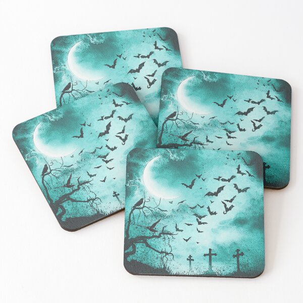 Item preview, Swarm of bats, misty moonlit night, grave crosses designed and sold by Kirei-Lily.