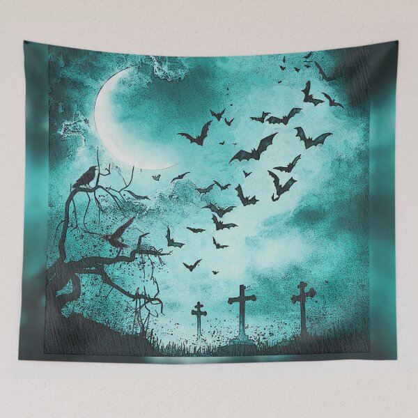 Item preview, Swarm of bats, misty moonlit night, grave crosses designed and sold by Kirei-Lily.