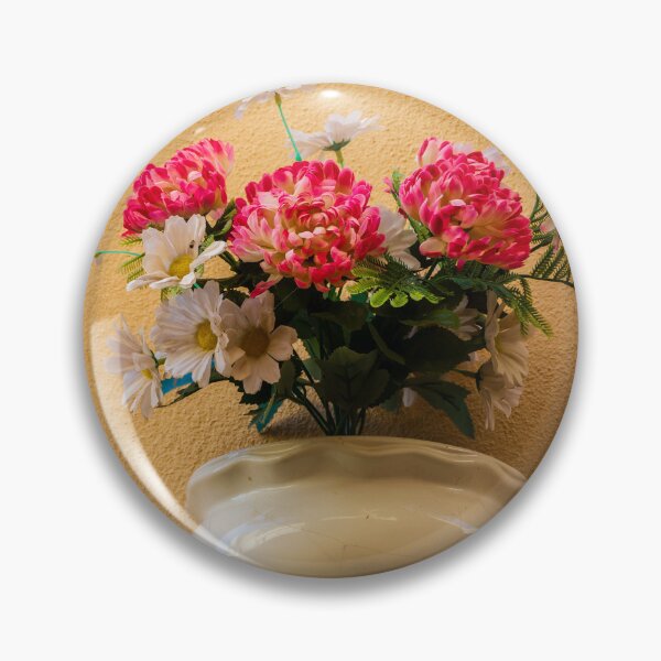 Item preview, Pink Chrysanthemum And White Daisy Arrangement In Ceramic Wall Vase On Textured Peach Wall designed and sold by Nmallia.