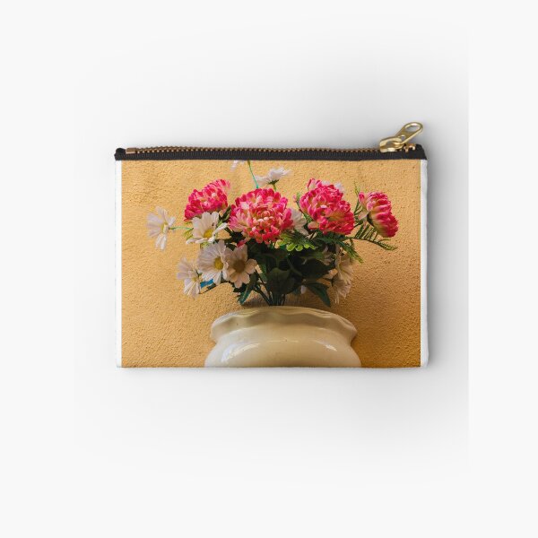 Item preview, Pink Chrysanthemum And White Daisy Arrangement In Ceramic Wall Vase On Textured Peach Wall designed and sold by Nmallia.