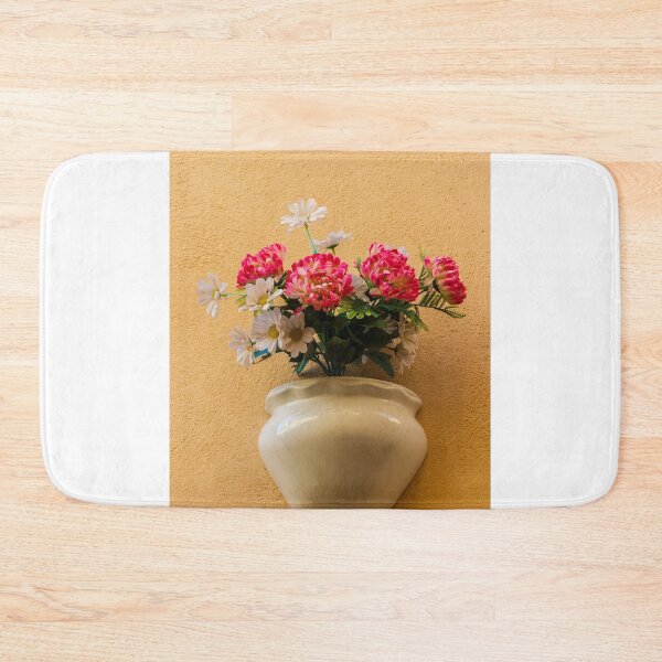 Item preview, Pink Chrysanthemum And White Daisy Arrangement In Ceramic Wall Vase On Textured Peach Wall designed and sold by Nmallia.