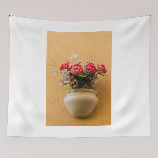 Item preview, Pink Chrysanthemum And White Daisy Arrangement In Ceramic Wall Vase On Textured Peach Wall designed and sold by Nmallia.
