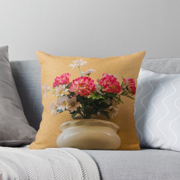 Item preview, Pink Chrysanthemum And White Daisy Arrangement In Ceramic Wall Vase On Textured Peach Wall designed and sold by Nmallia.