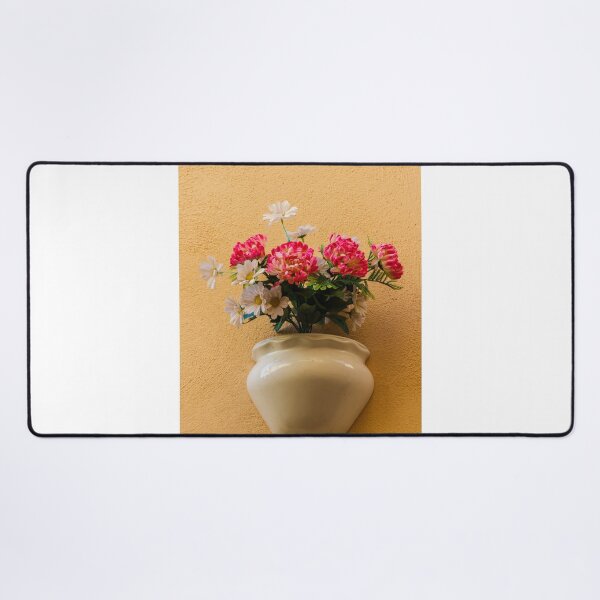 Item preview, Pink Chrysanthemum And White Daisy Arrangement In Ceramic Wall Vase On Textured Peach Wall designed and sold by Nmallia.
