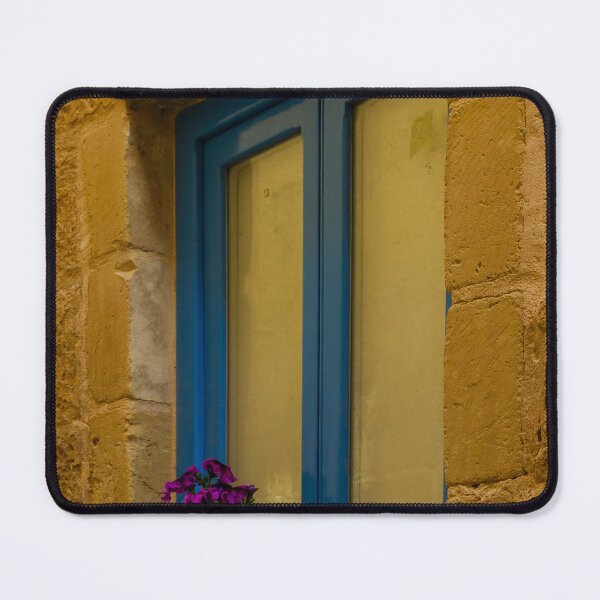 Item preview, Blue Window With Potted Purple Flowers Set Into Warm Stone Wall, Mediterranean Street Detail designed and sold by Nmallia.