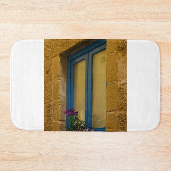 Item preview, Blue Window With Potted Purple Flowers Set Into Warm Stone Wall, Mediterranean Street Detail designed and sold by Nmallia.