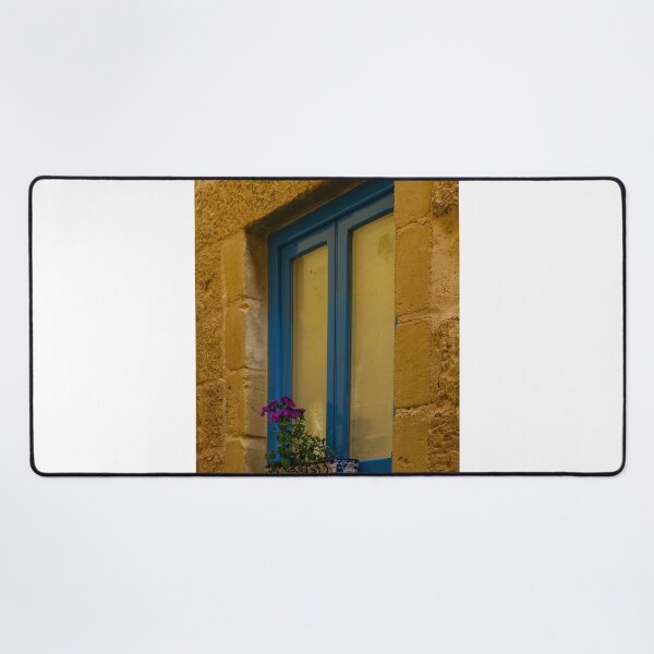 Item preview, Blue Window With Potted Purple Flowers Set Into Warm Stone Wall, Mediterranean Street Detail designed and sold by Nmallia.