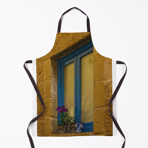 Item preview, Blue Window With Potted Purple Flowers Set Into Warm Stone Wall, Mediterranean Street Detail designed and sold by Nmallia.