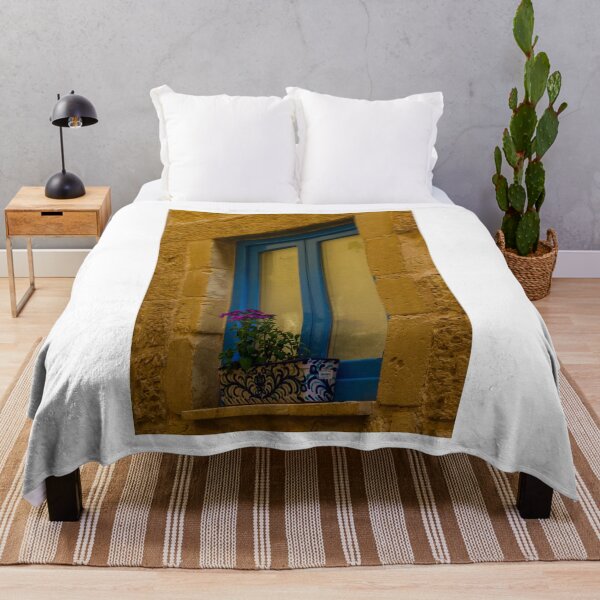 Item preview, Blue Window With Potted Purple Flowers Set Into Warm Stone Wall, Mediterranean Street Detail designed and sold by Nmallia.