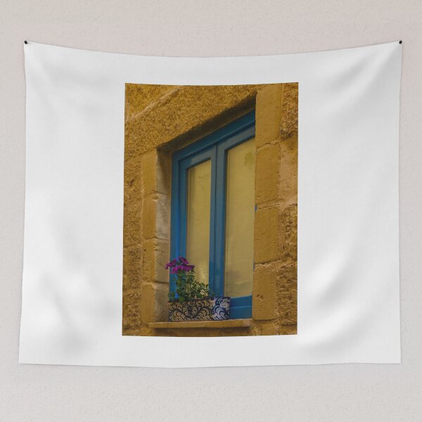 Item preview, Blue Window With Potted Purple Flowers Set Into Warm Stone Wall, Mediterranean Street Detail designed and sold by Nmallia.