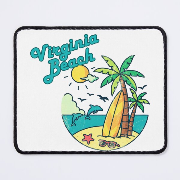 Item preview, Virginia Beach Retro Surf Badge Dolphins Palm Trees Sunset Print designed and sold by DonnaRaine.