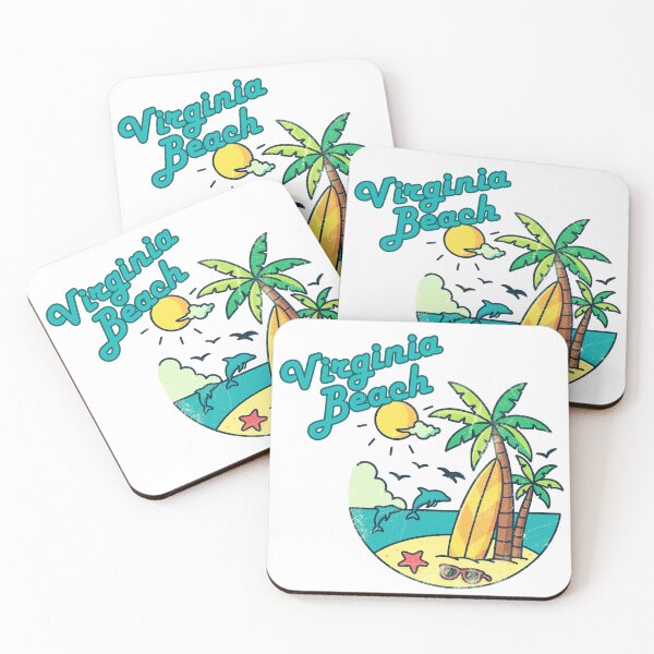 Item preview, Virginia Beach Retro Surf Badge Dolphins Palm Trees Sunset Print designed and sold by DonnaRaine.