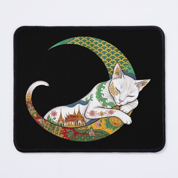 Item preview, Oriental Moon Cat - Thai Temple & Japanese Wave Colorful Tattoo Art designed and sold by PrettyCrypt.