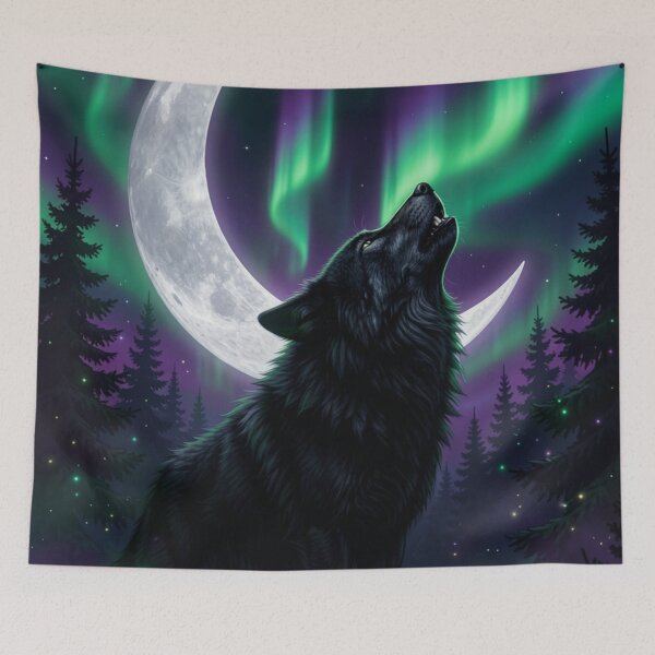 Item preview, Wolf Under the Aurora | Gothic Northern Lights Fantasy designed and sold by JanjjaSoulInk.