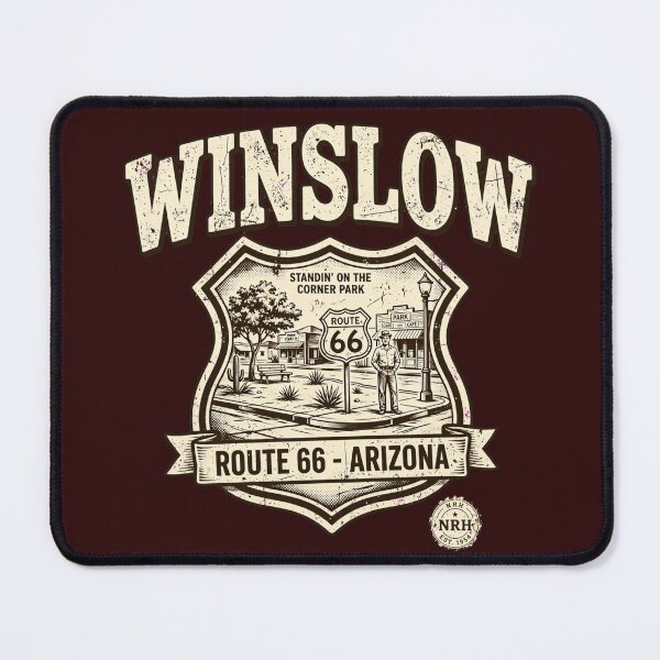 Item preview, Winslow Arizona Route 66 Standing On Corner Badge designed and sold by Normandy Road Heritage™ - Vintage Garage Art.