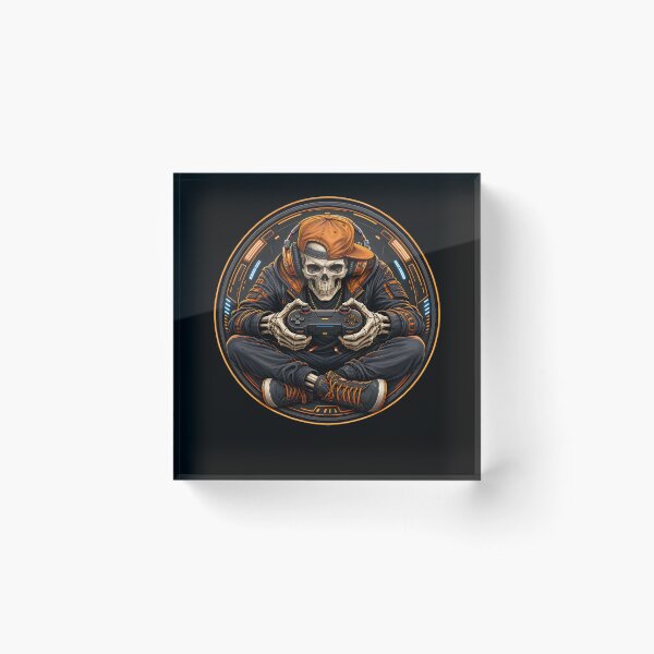 Item preview, Skeleton Gamer with Orange Headphones and Controller designed and sold by FreshPixelArt.