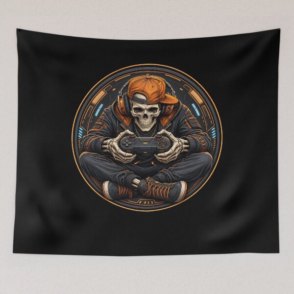 Item preview, Skeleton Gamer with Orange Headphones and Controller designed and sold by FreshPixelArt.