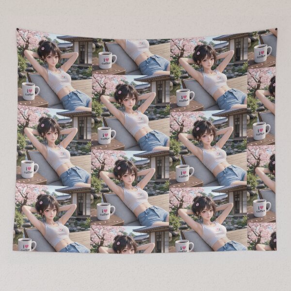 Item preview,  Cute anime manga girl reclining with a cup of coffee designed and sold by Vintage Designs +.