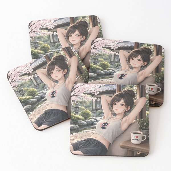 Item preview, Cute anime manga girl reclining with a cup of coffee designed and sold by Vintage Designs +.