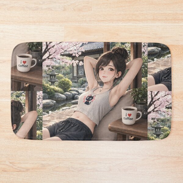 Item preview, Cute anime manga girl reclining with a cup of coffee designed and sold by Vintage Designs +.
