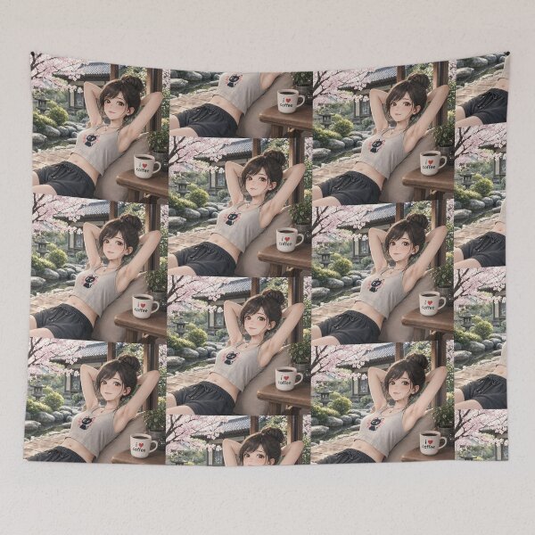 Item preview, Cute anime manga girl reclining with a cup of coffee designed and sold by Vintage Designs +.