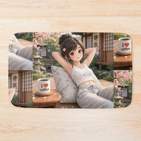 Item preview, Cute anime manga girl reclining with a cup of coffee designed and sold by Vintage Designs +.