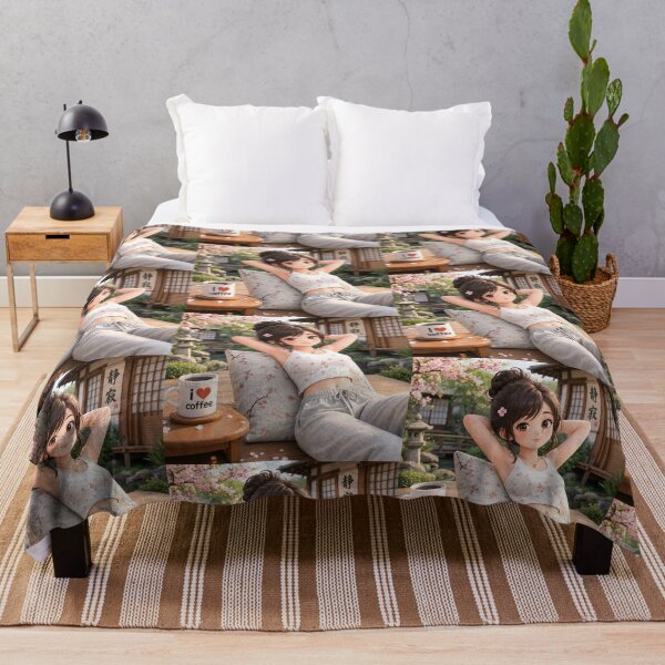 Item preview, Cute anime manga girl reclining with a cup of coffee designed and sold by Vintage Designs +.