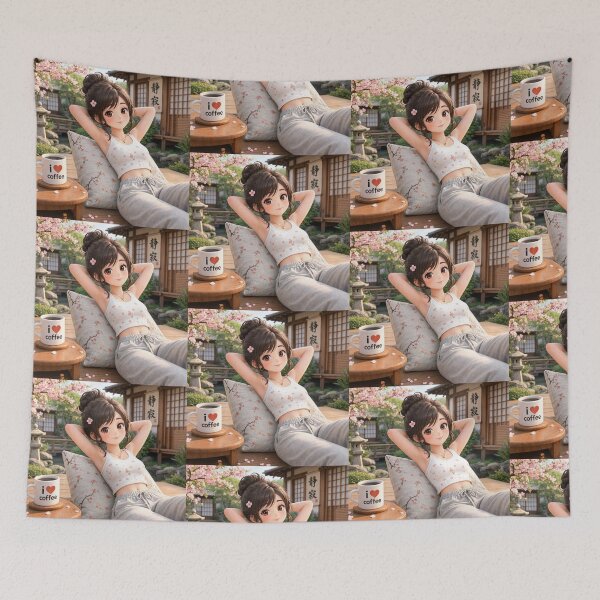 Item preview, Cute anime manga girl reclining with a cup of coffee designed and sold by Vintage Designs +.