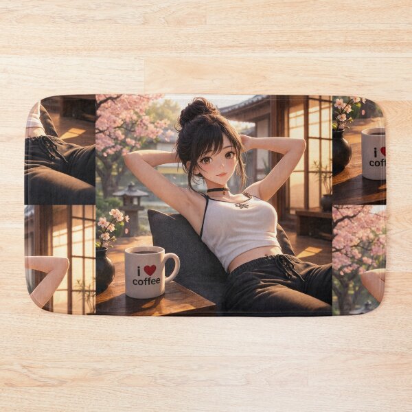 Item preview,  Cute anime manga girl reclining with a cup of coffee designed and sold by Vintage Designs +.