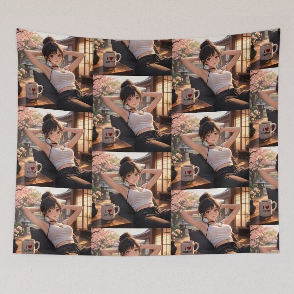 Item preview,  Cute anime manga girl reclining with a cup of coffee designed and sold by Vintage Designs +.