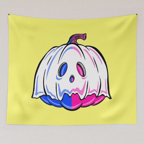 Item preview, Pink And Blue Ghost Pumpkin With yellow background designed and sold by missmann.