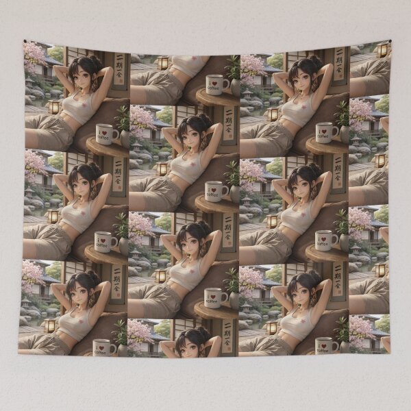 Item preview, Cute anime manga girl reclining with a cup of coffee designed and sold by Vintage Designs +.