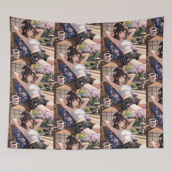 Item preview, Cute anime manga girl reclining with a cup of coffee designed and sold by Vintage Designs +.