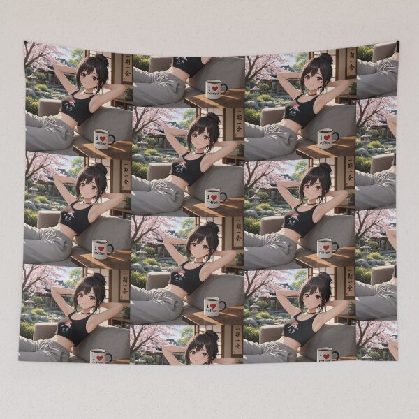 Item preview,  Cute anime manga girl reclining with a cup of coffee designed and sold by Vintage Designs +.