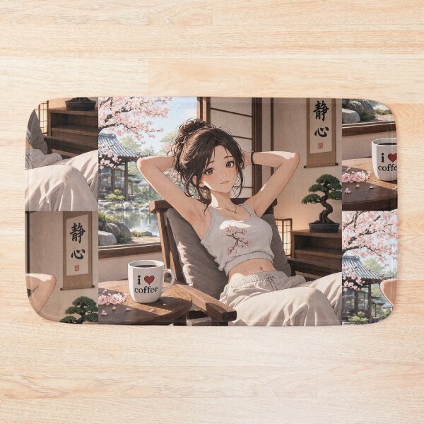 Item preview, Cute anime manga girl reclining with a cup of coffee designed and sold by Vintage Designs +.